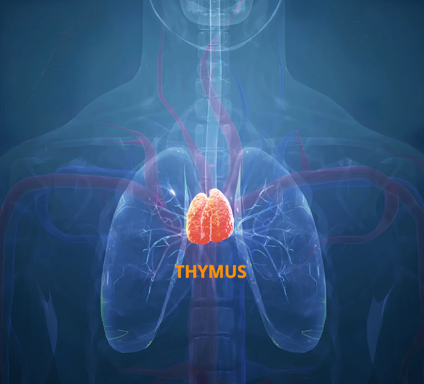 Anatomical illustration showing the thymus in the upper chest